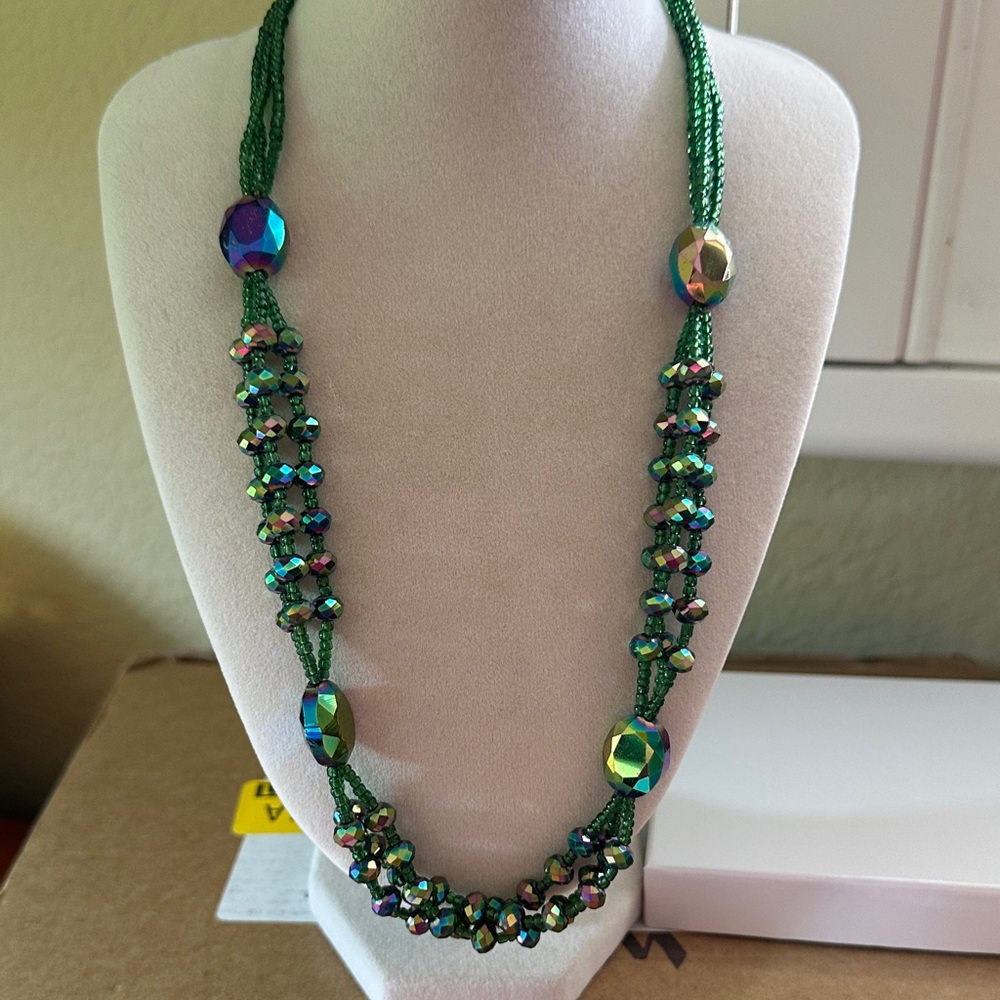 Iridescent Green Beaded Necklace